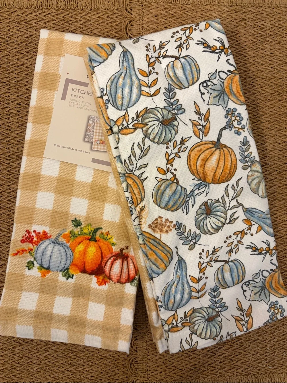 Fall Harvest Pumpkin Kitchen Towels Set of Two 100% Cotton